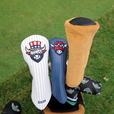 Rear view of the Corduroy Barrel Fairway Wood Headcover displayed alongside premium golf headcovers in a golf bag.