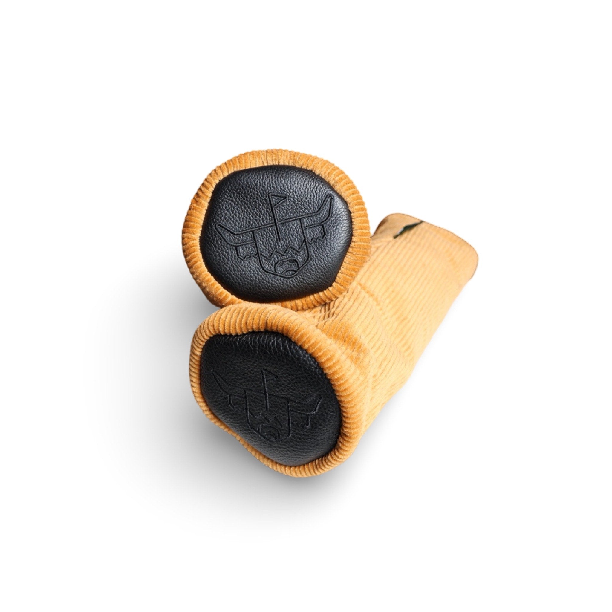 Angled product view of the Corduroy Barrel Fairway Wood Headcover featuring mustard corduroy construction and charcoal leather accents.
