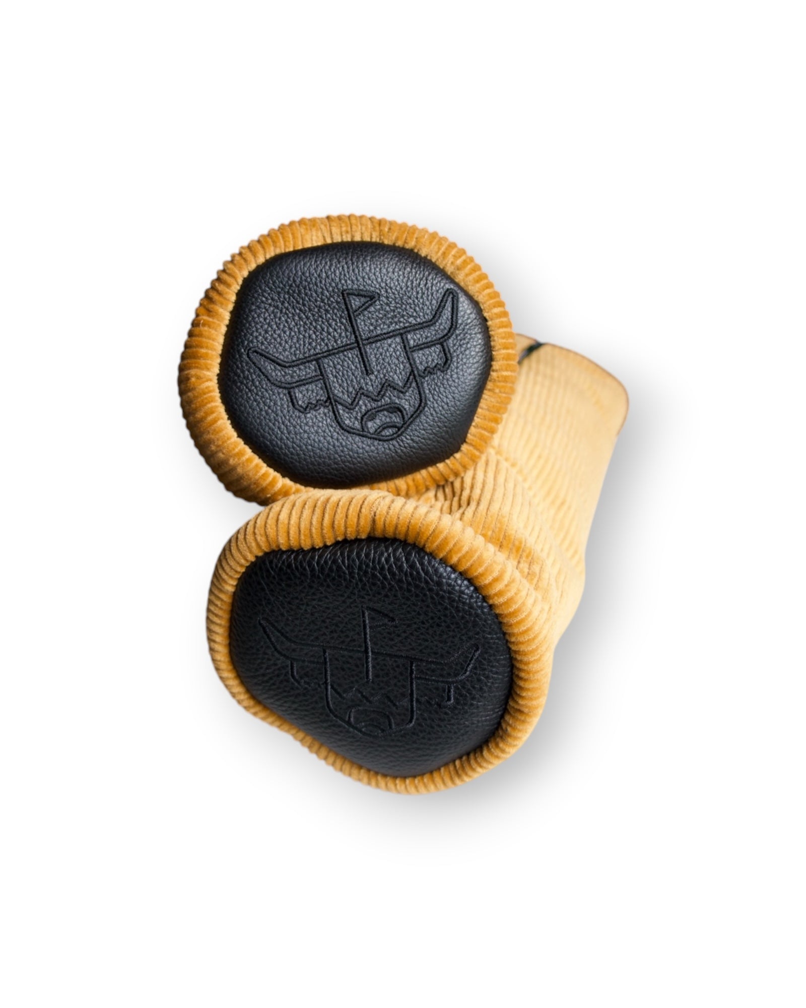 Angled product view of the Corduroy Barrel Fairway Wood Headcover featuring mustard corduroy construction and charcoal leather accents.