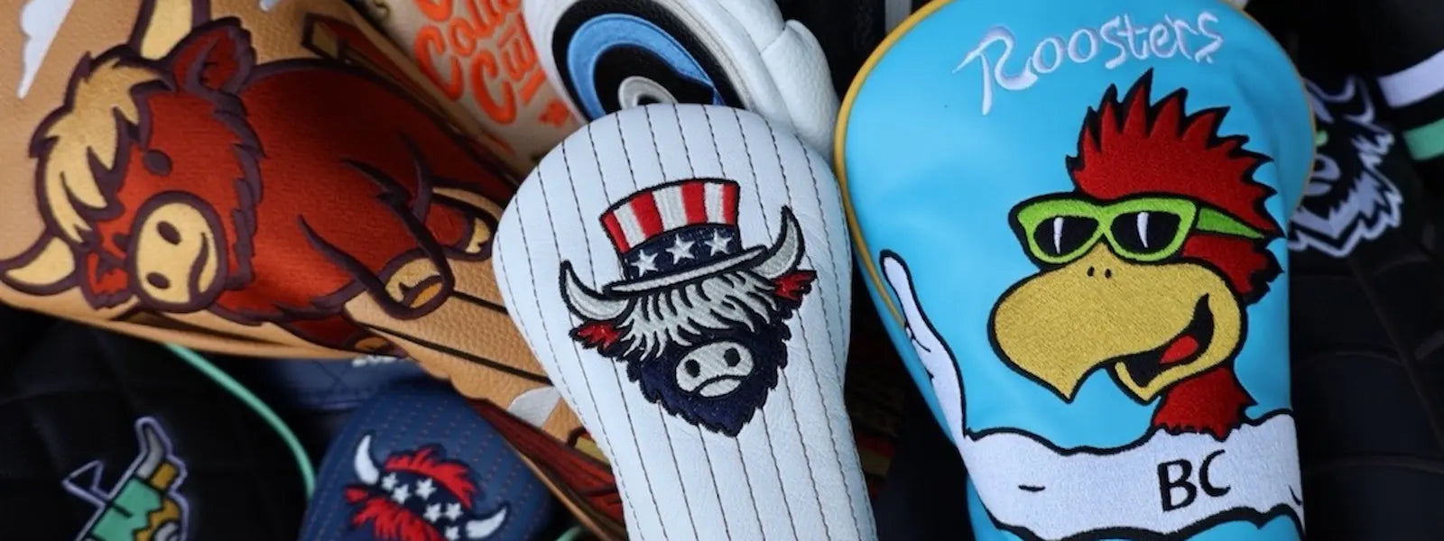 Custom golf headcovers and accessories created by Caddy Collective Culture for brand collaborations, tournaments, and custom golf projects