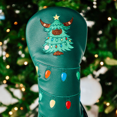 Drop driver headcover with Looper Christmas tree embroidery and colorful holiday lights, close-up view.