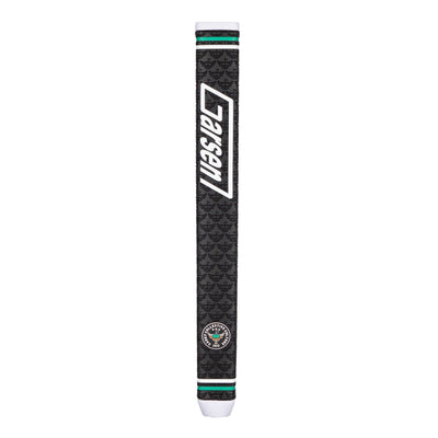 Front product shot of a black Garsen QUAD Tour putter grip with a large white Garsen logo, Caddy Collective Culture badge, embossed pattern, green accent rings, and white end caps.