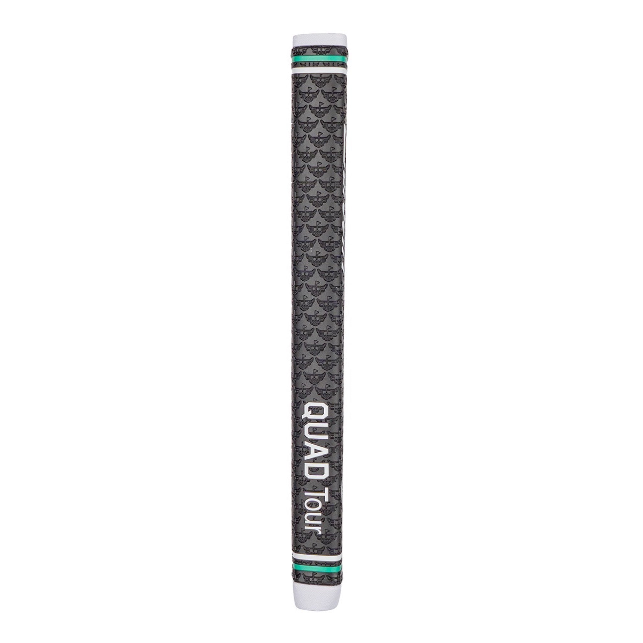 Full-length product photo of a black Garsen QUAD Tour putter grip on a white background, featuring embossed Caddy Collective Culture logos, green accent rings, white end caps, and vertical QUAD Tour branding.