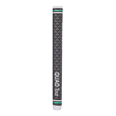 Full-length product photo of a black Garsen QUAD Tour putter grip on a white background, featuring embossed Caddy Collective Culture logos, green accent rings, white end caps, and vertical QUAD Tour branding.