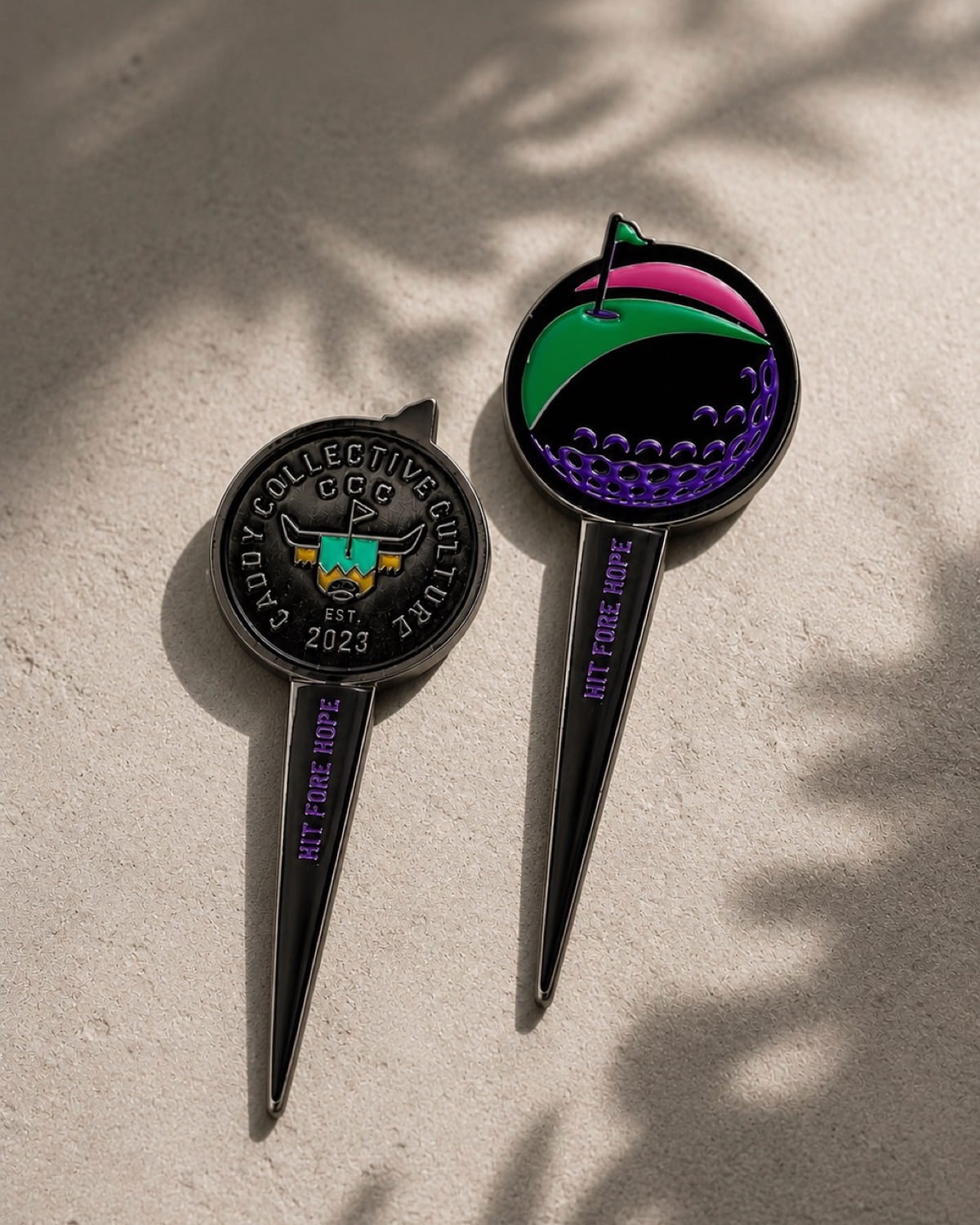 Custom Hit Fore Hope golf divot tool collaboration created by Caddy Collective Culture to support charity golf fundraising.