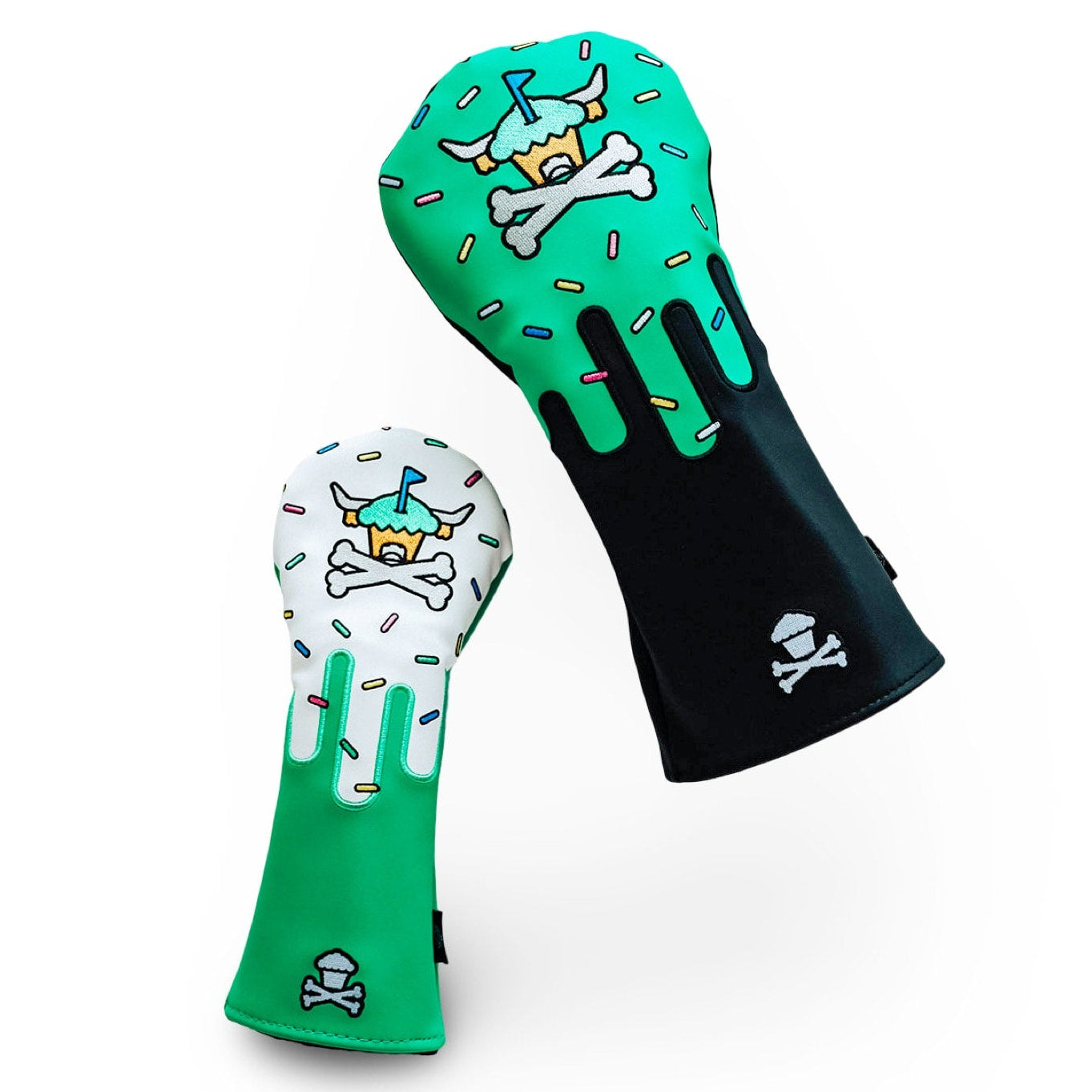 Johnny Cupcakes x Caddy Collective Culture driver and fairway golf headcovers with frosting drip design, sprinkles, and Looper mascot cupcake skull logo.