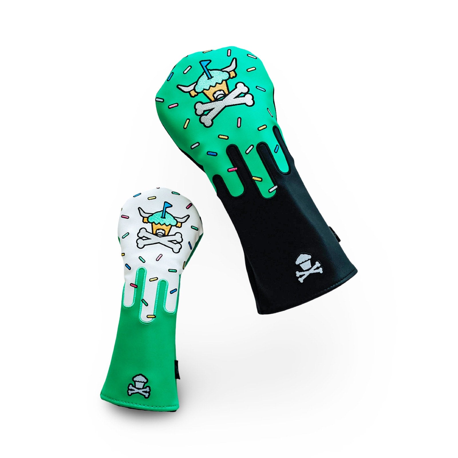 Johnny Cupcakes x Caddy Collective Culture driver and fairway golf headcovers with frosting drip design, sprinkles, and Looper mascot cupcake skull logo.