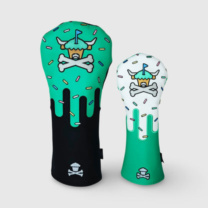 Johnny Cupcakes x Caddy Collective Culture driver and fairway golf headcovers with frosting drip design, sprinkles, and Looper mascot cupcake skull logo.