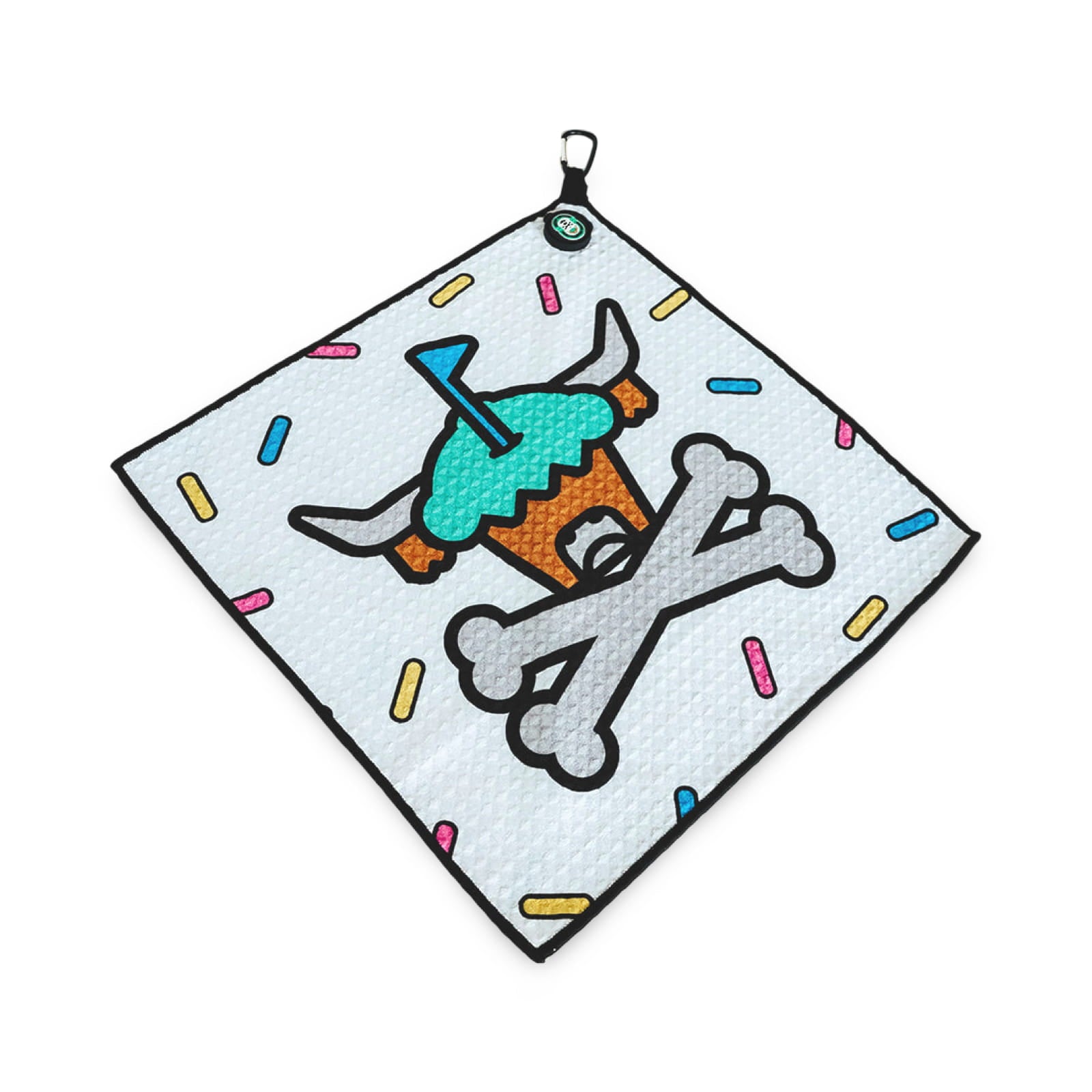 Caddy Collective x Johnny Cupcakes golf towel with cupcake skull design and sprinkles