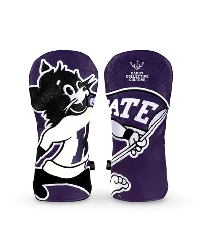Both sides of the Kansas State Wildcat Wrap driver headcover, showing oversized vintage Wildcat embroidery wrapping around a purple exterior.