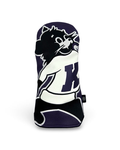 Front of purple Kansas State Wildcat Wrap driver headcover featuring embroidered vintage Wildcat wearing a white K sweater.