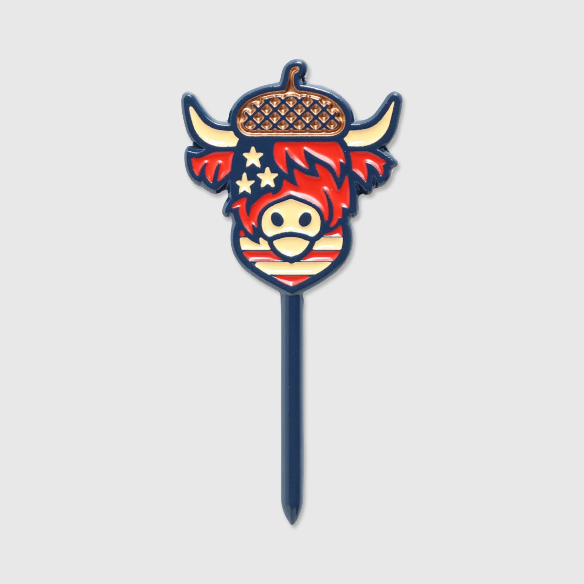 Liberty Looper single prong golf divot tool in navy with red, white and blue Highland cow acorn logo