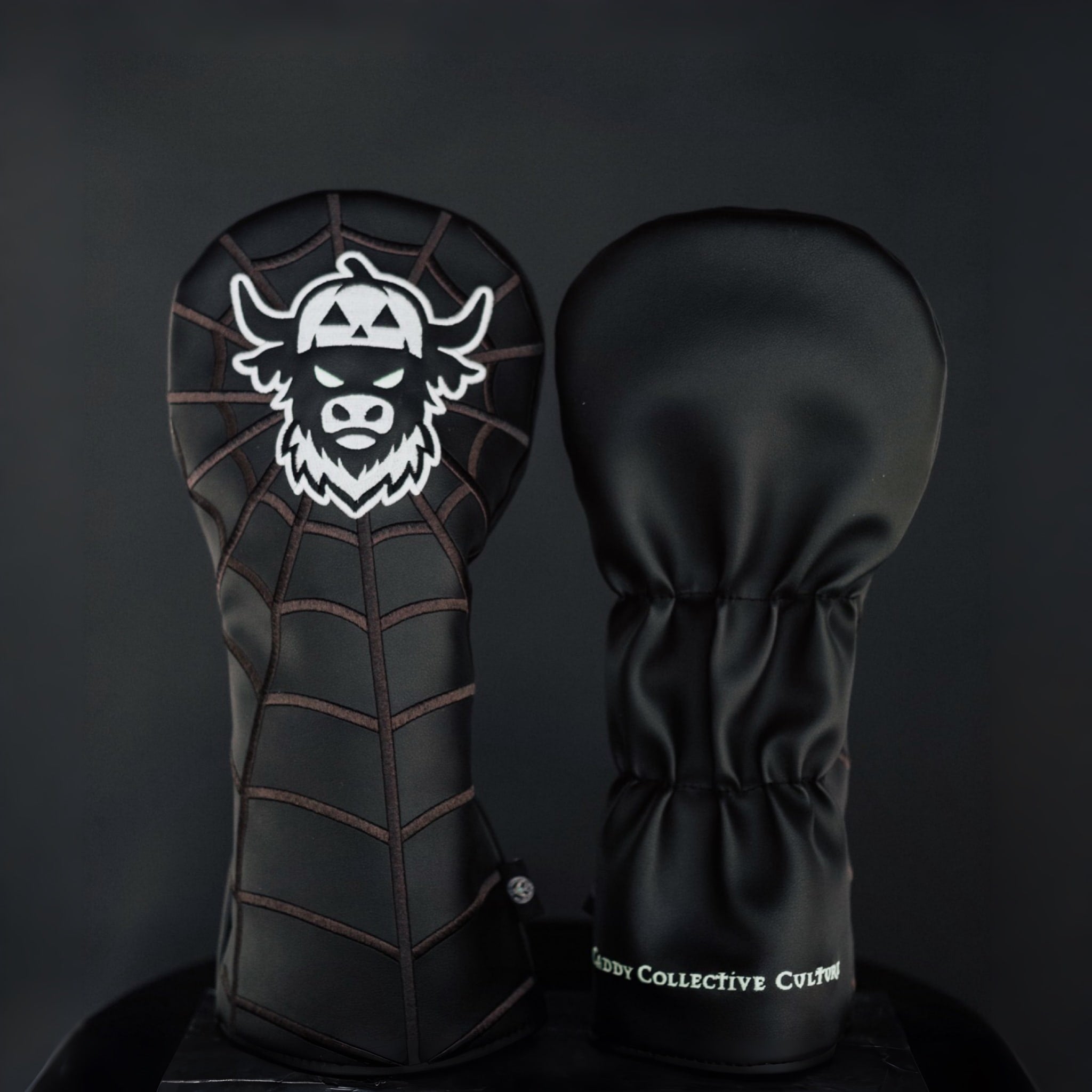Front and back view of Looper After Dark driver headcover with Caddy Collective Culture branding