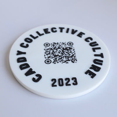 Looper Practice Disc white side with QR code dual sided golf coaster and putting target