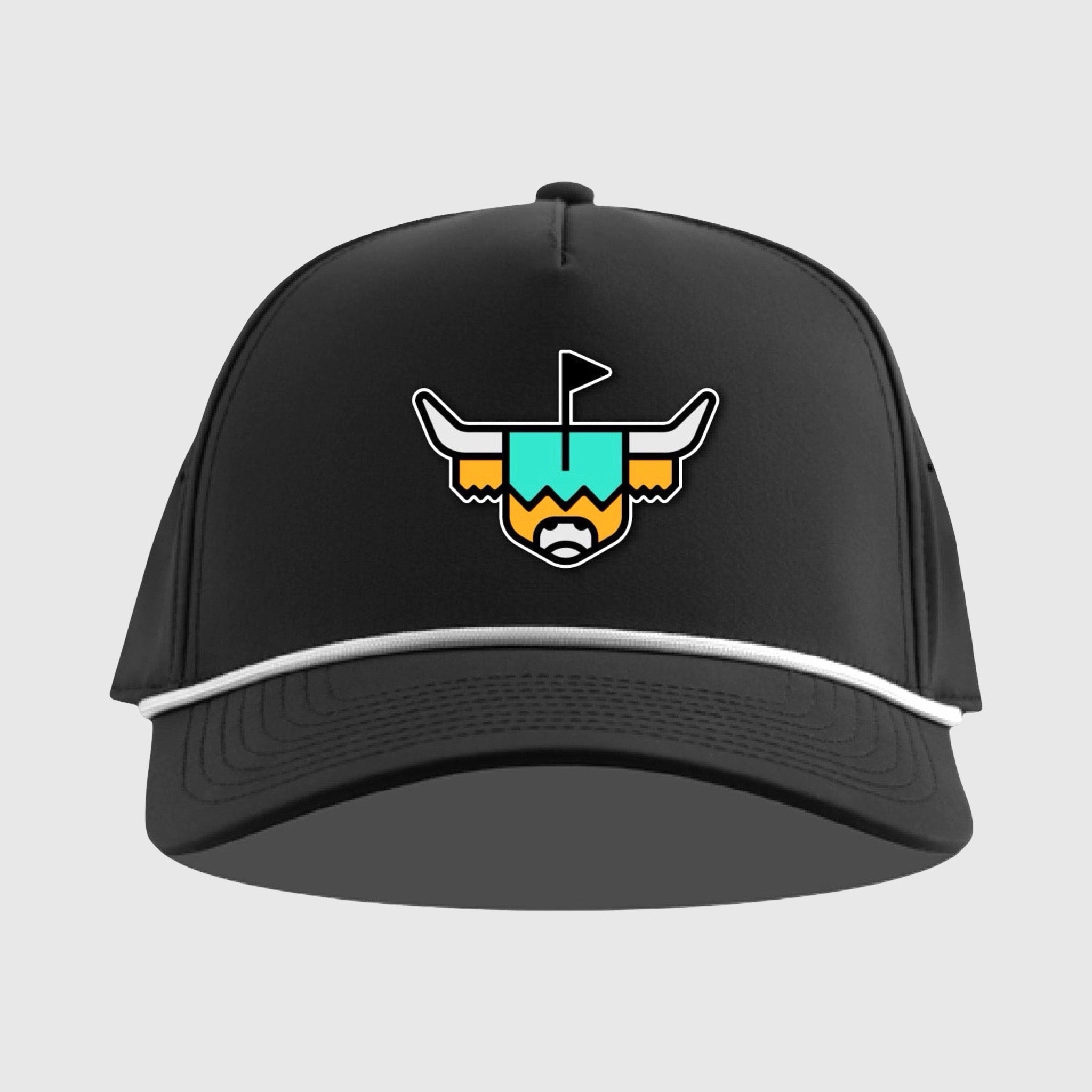 Front view of the Looper Rope Hat, black curved brim with CCC Looper logo and rope detail.