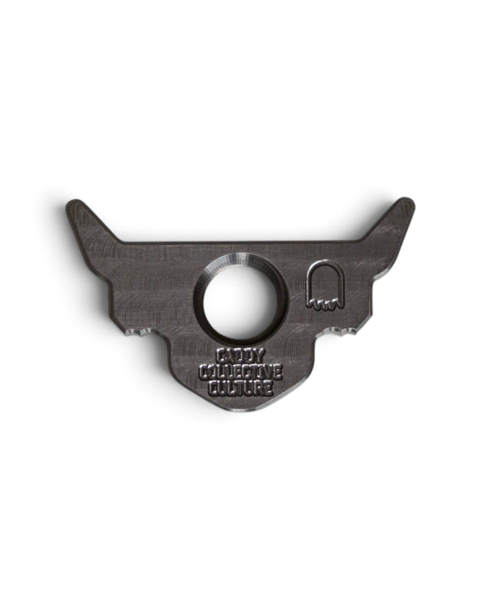 Back of the Looper Threaded Ball Marker showing engraved Caddy Collective Culture branding and threaded opening.