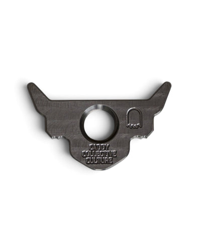 Back of the Looper Threaded Ball Marker showing engraved Caddy Collective Culture branding and threaded opening.