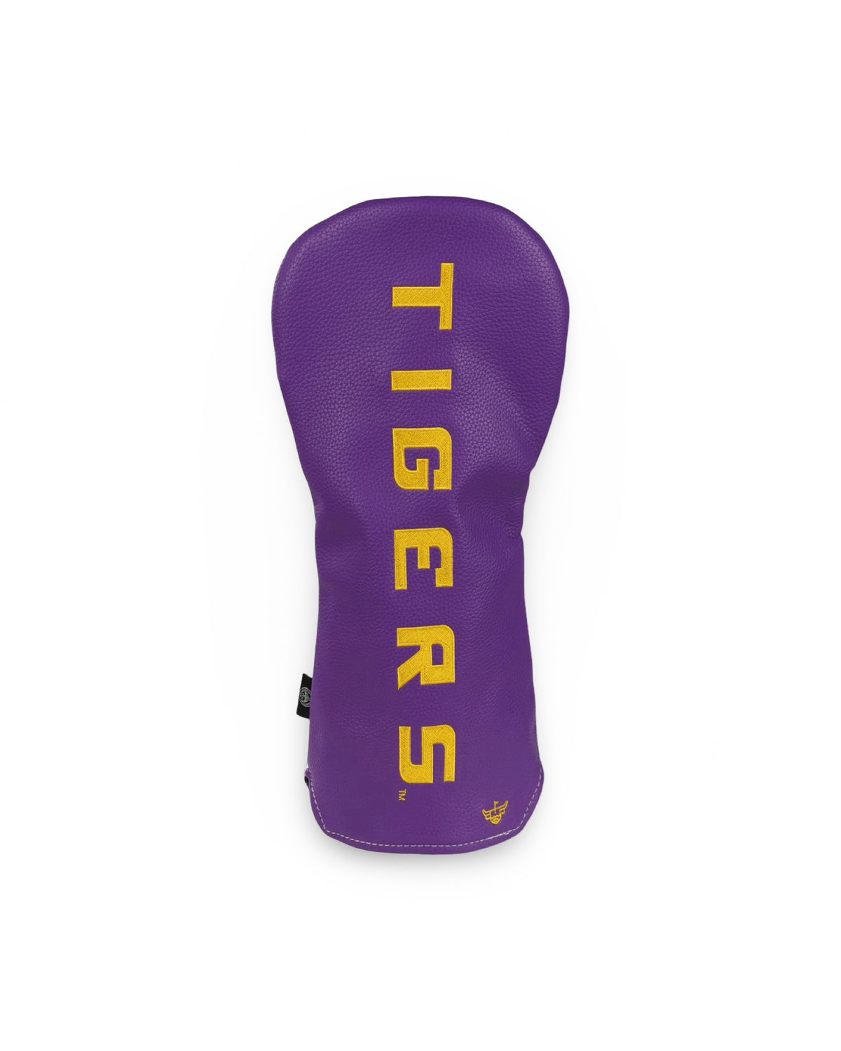 Purple side of the LSU Full Roar driver headcover with vertical gold embroidered Tigers lettering and a small Caddy Collective Culture logo.