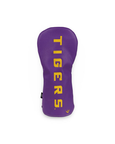 Purple side of the LSU Full Roar driver headcover with vertical gold embroidered Tigers lettering and a small Caddy Collective Culture logo.