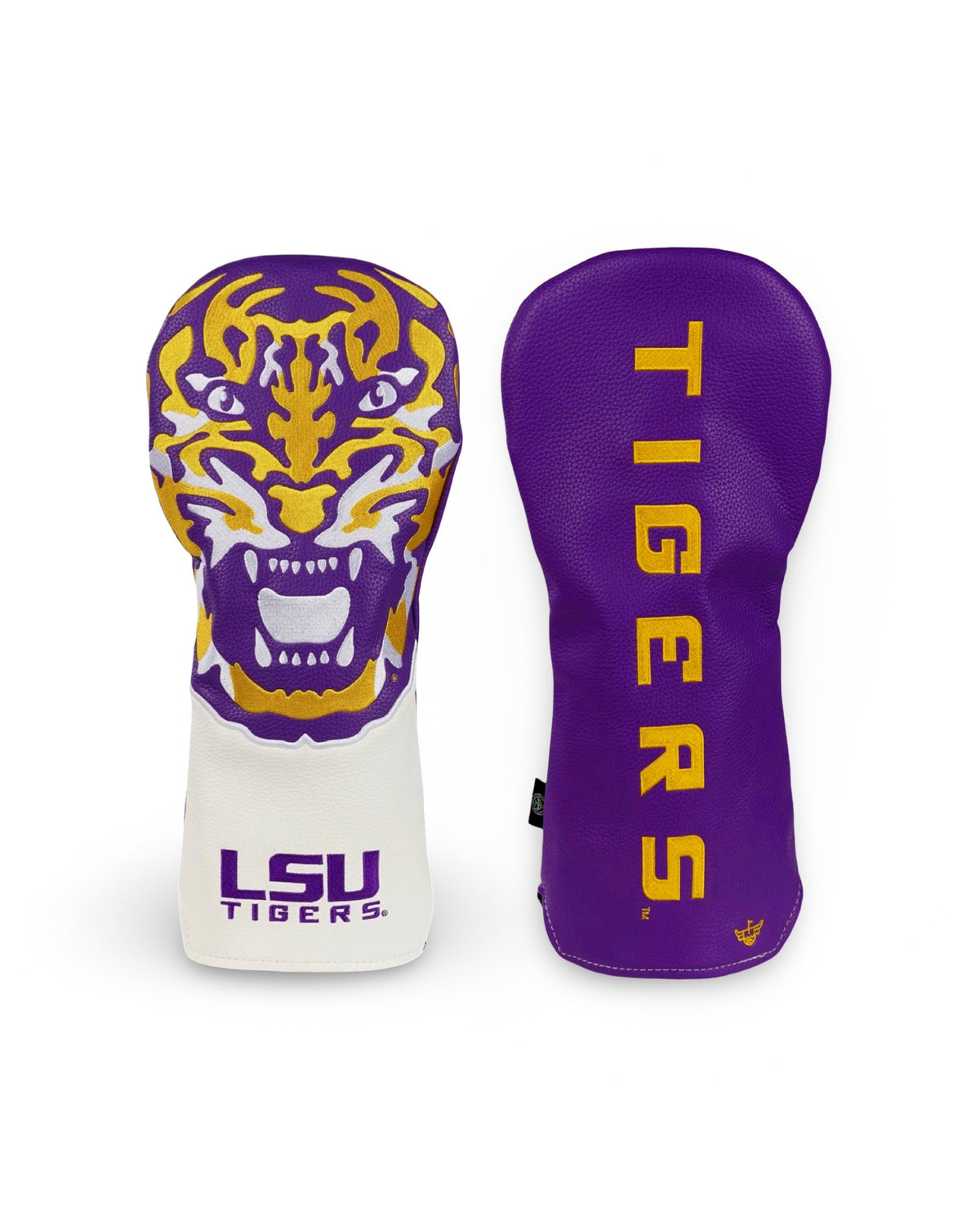 Both sides of the LSU Full Roar driver headcover, showing oversized tiger embroidery and the LSU wordmark on one side and gold Tigers lettering on purple on the other.