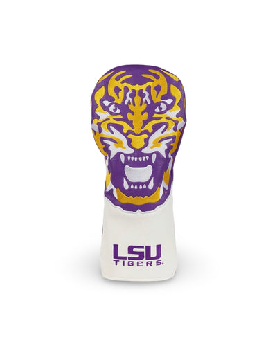  LSU Full Roar driver headcover featuring oversized purple, gold, and white tiger embroidery above the LSU Tigers wordmark.