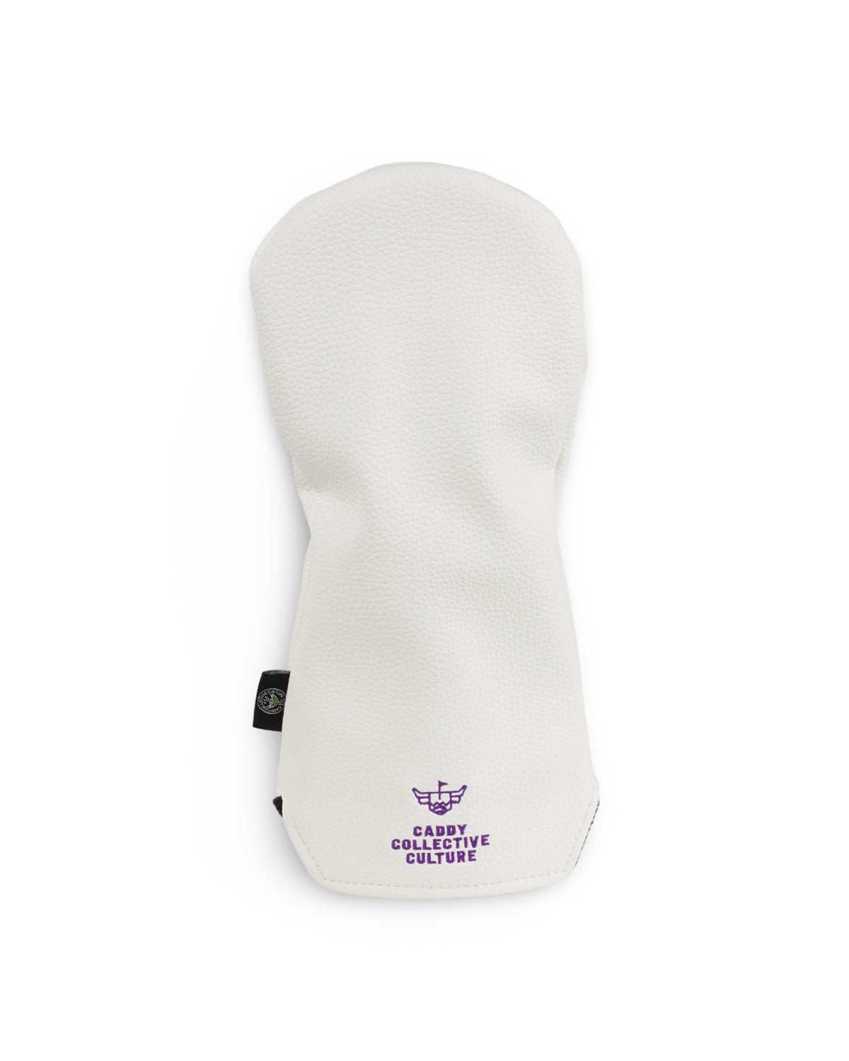 Back of LSU Tiger Watch Fairway Headcover featuring the purple embroidered Caddy Collective Culture logo and Looper emblem on white pebble grain leather.