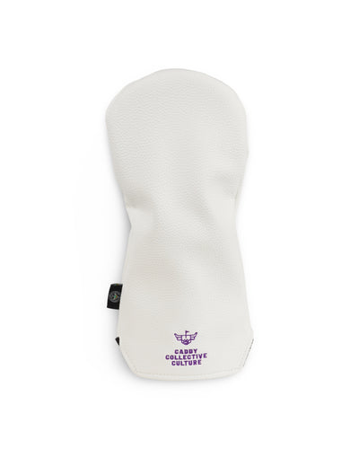 Back of LSU Tiger Watch Fairway Headcover featuring the purple embroidered Caddy Collective Culture logo and Looper emblem on white pebble grain leather.
