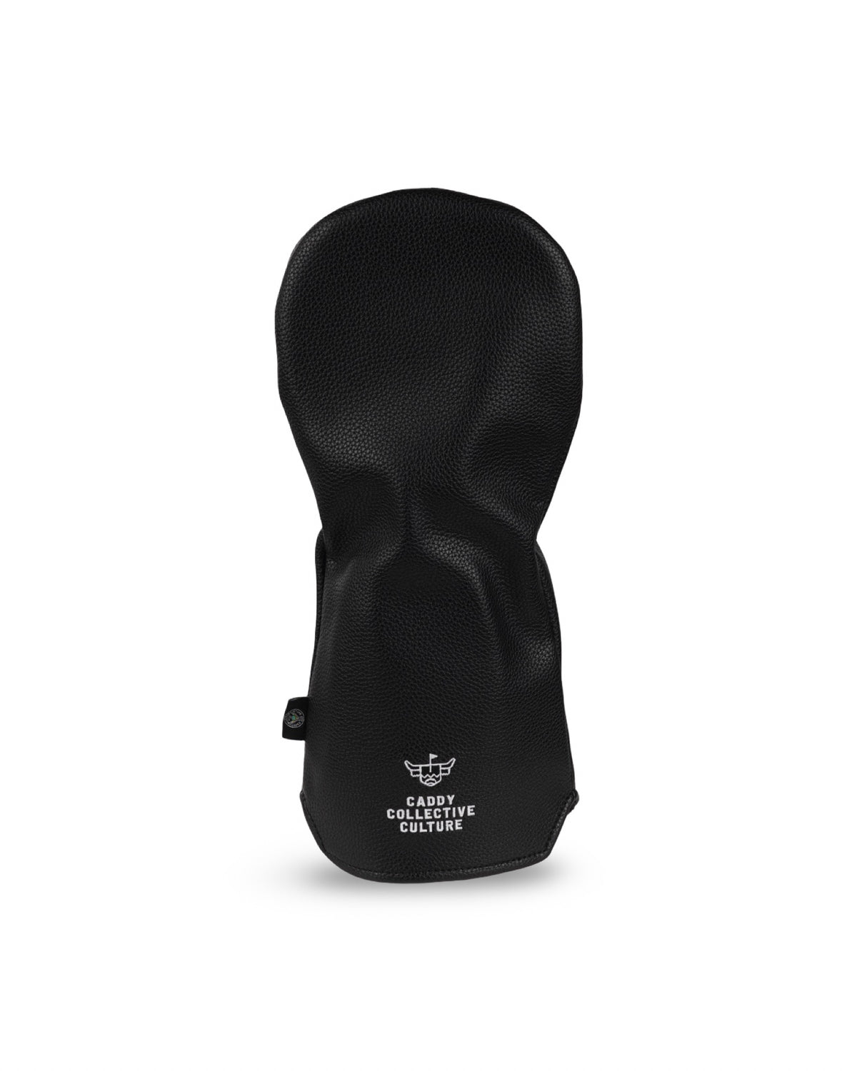 Back view of the Mizzou Tiger Stripe Driver Headcover featuring black pebble leather and an embroidered Caddy Collective Culture logo in white.