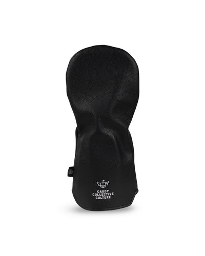 Back view of the Mizzou Tiger Stripe Driver Headcover featuring black pebble leather and an embroidered Caddy Collective Culture logo in white.