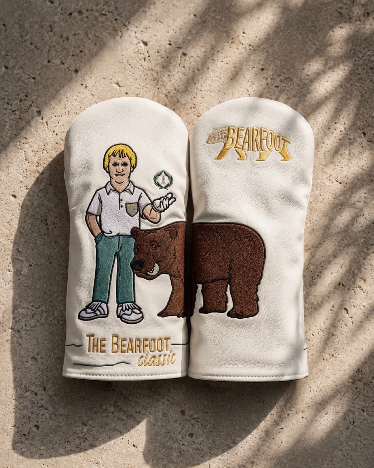 Custom Bearfoot Classic golf headcovers created for Muirfield Village Golf Club collaboration by Caddy Collective Culture.