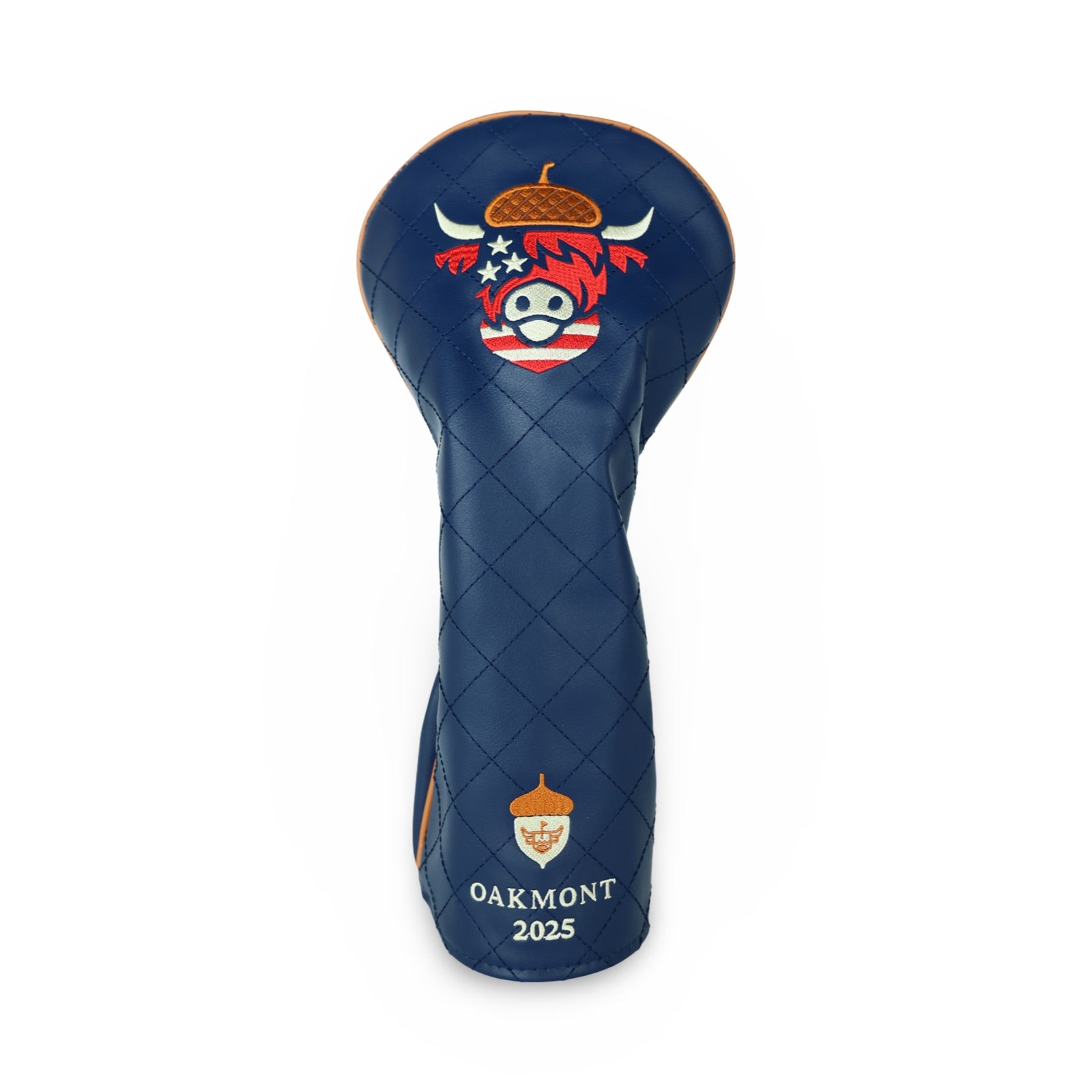 Front view of Oakmont 2025 driver headcover with red, white, and blue Looper logo and quilted navy design
