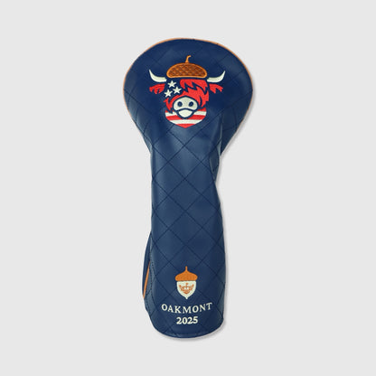 Oakmont 2025 Looper Driver Headcover with patriotic red, white and blue design featuring acorn and Highland cow logo