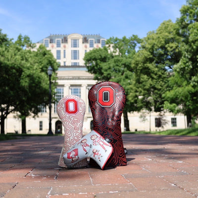 Officially licensed Ohio State golf headcovers and Brutus putter cover photographed on campus 