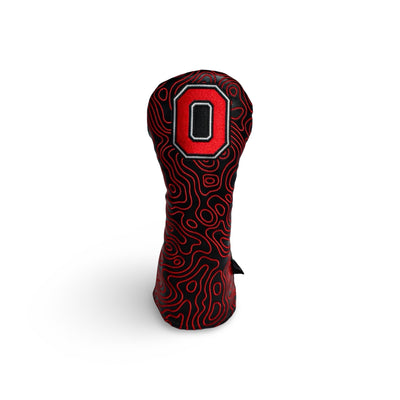 Officially licensed Ohio State fairway wood golf headcover with black base, scarlet topography contour lines, and embroidered Block O logo.