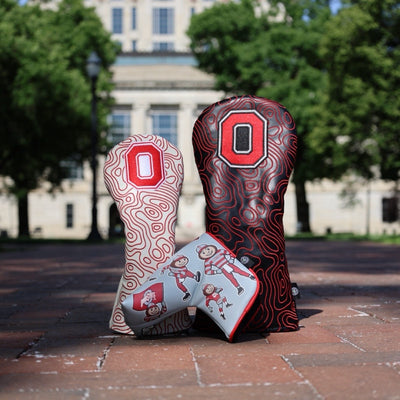 Officially licensed Ohio State golf headcovers and Brutus putter cover photographed on campus