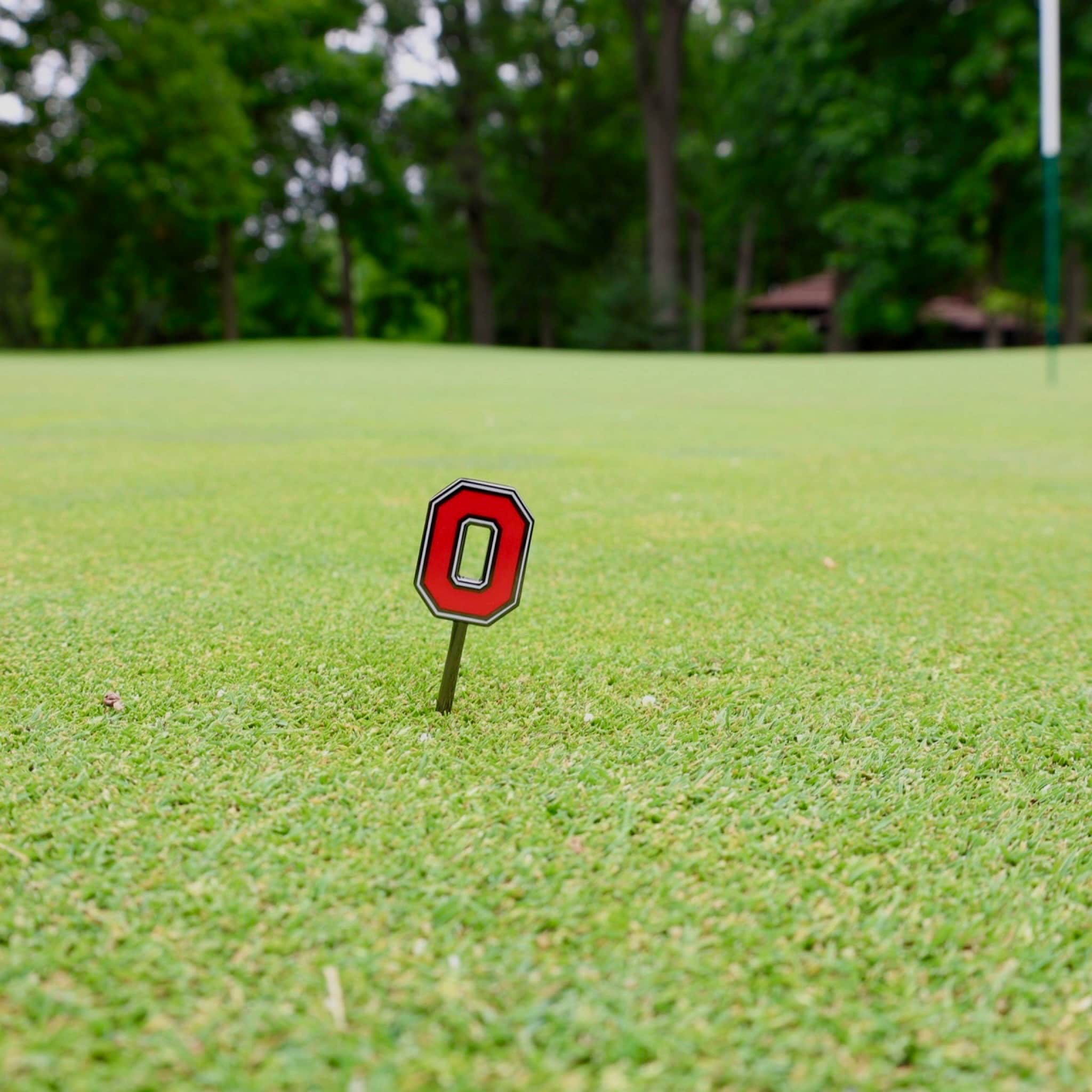 Ohio State Block O single-prong golf divot tool displayed on a putting green by Caddy Collective Culture.