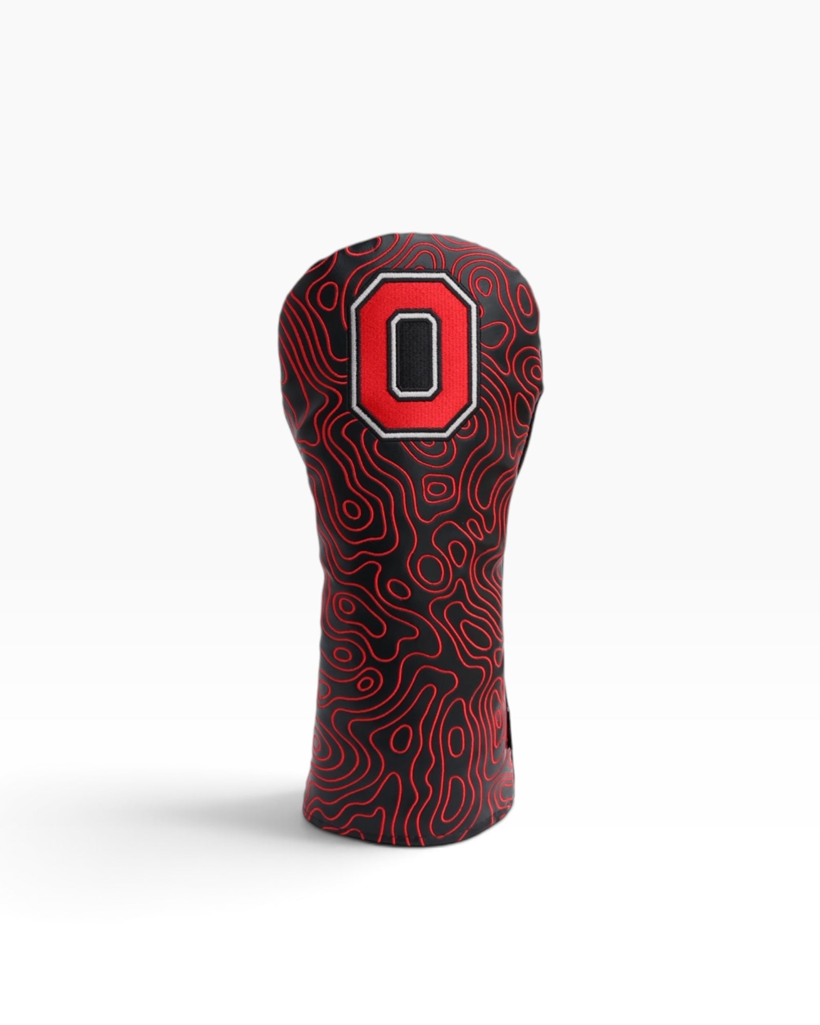 Officially licensed Ohio State Block O driver headcover in black with scarlet topographic pattern