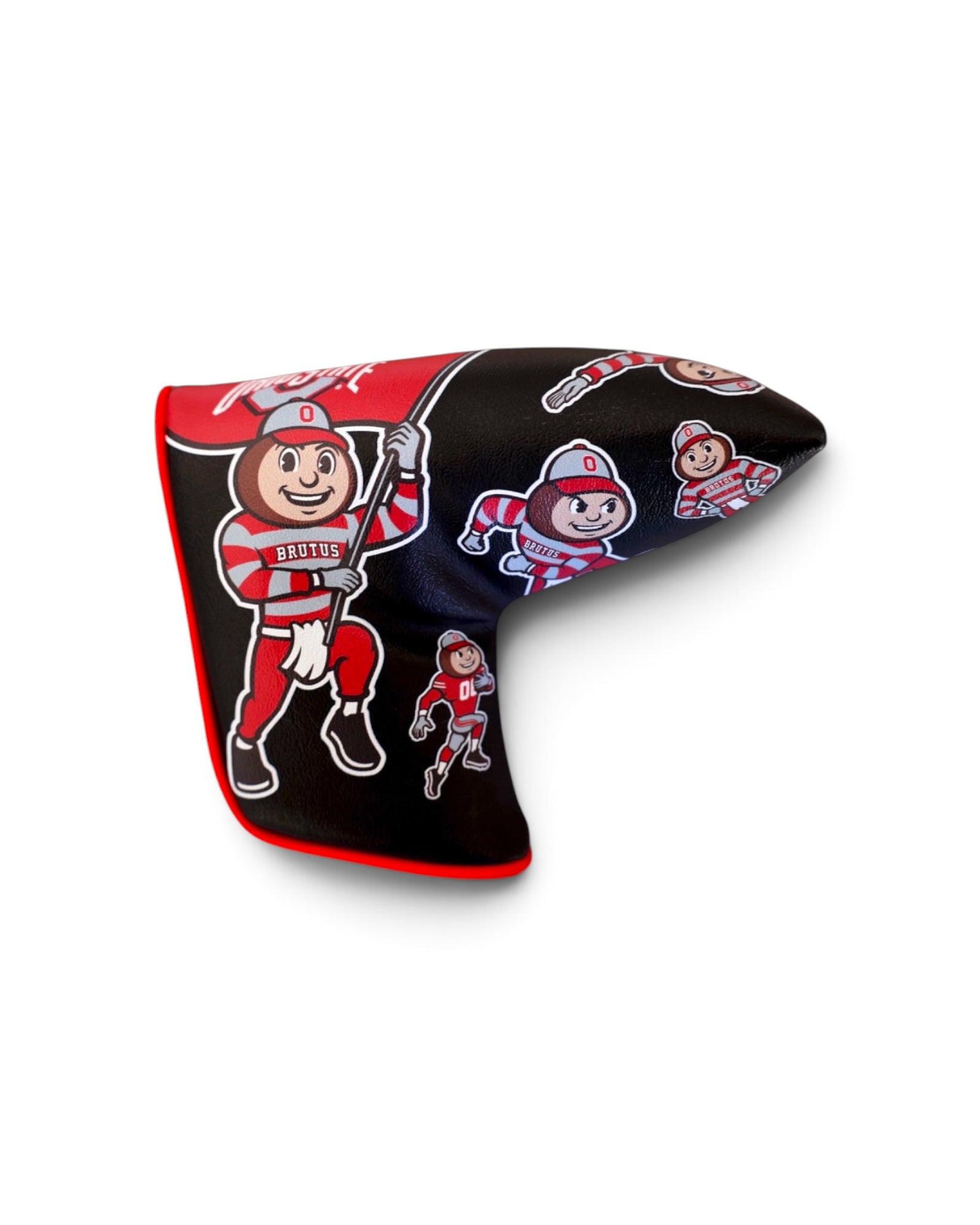 Ohio State Brutus Montage black blade putter headcover with red piping and vintage Brutus Buckeye graphics