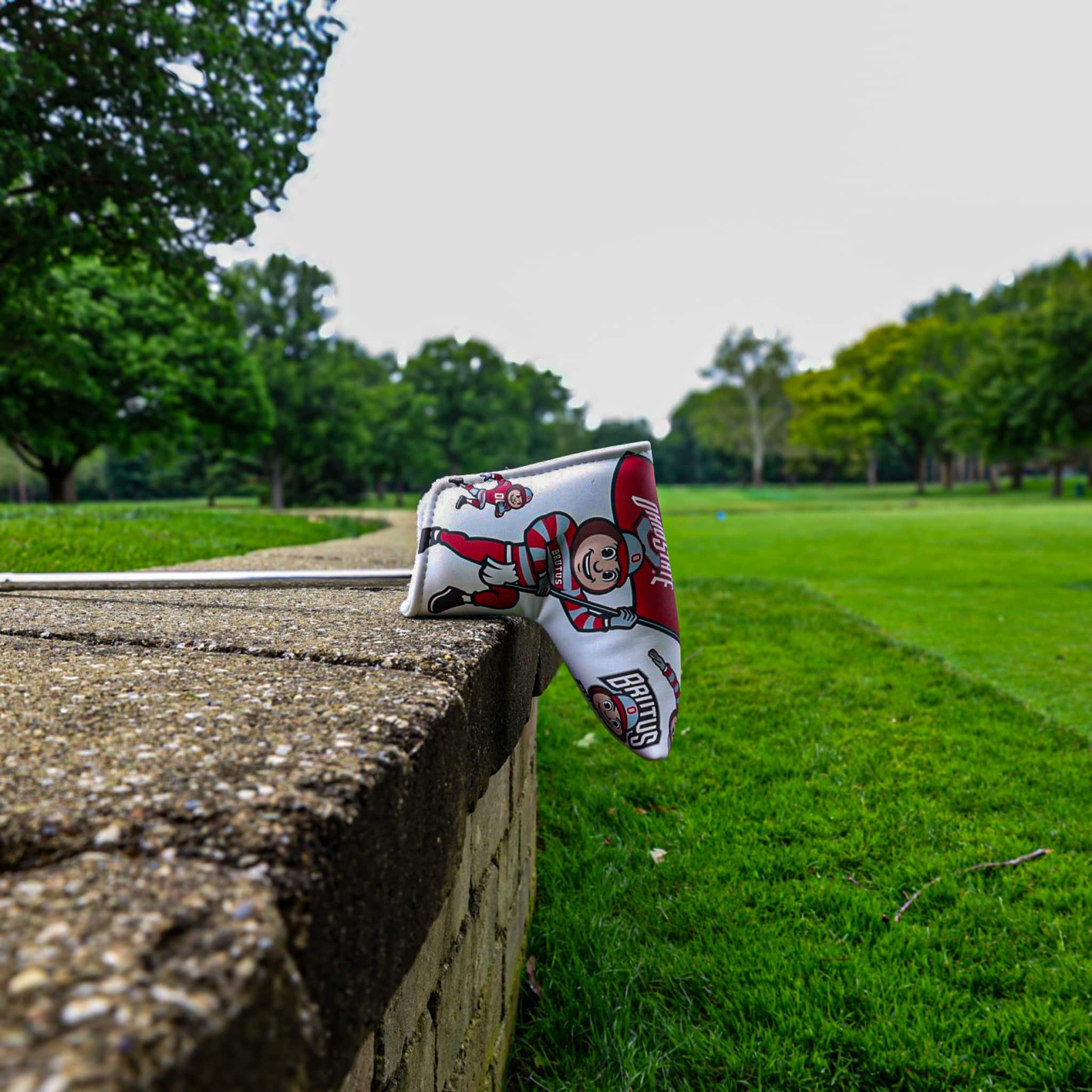 Ohio State Brutus blade putter cover displayed on a stone wall overlooking a golf course fairway.