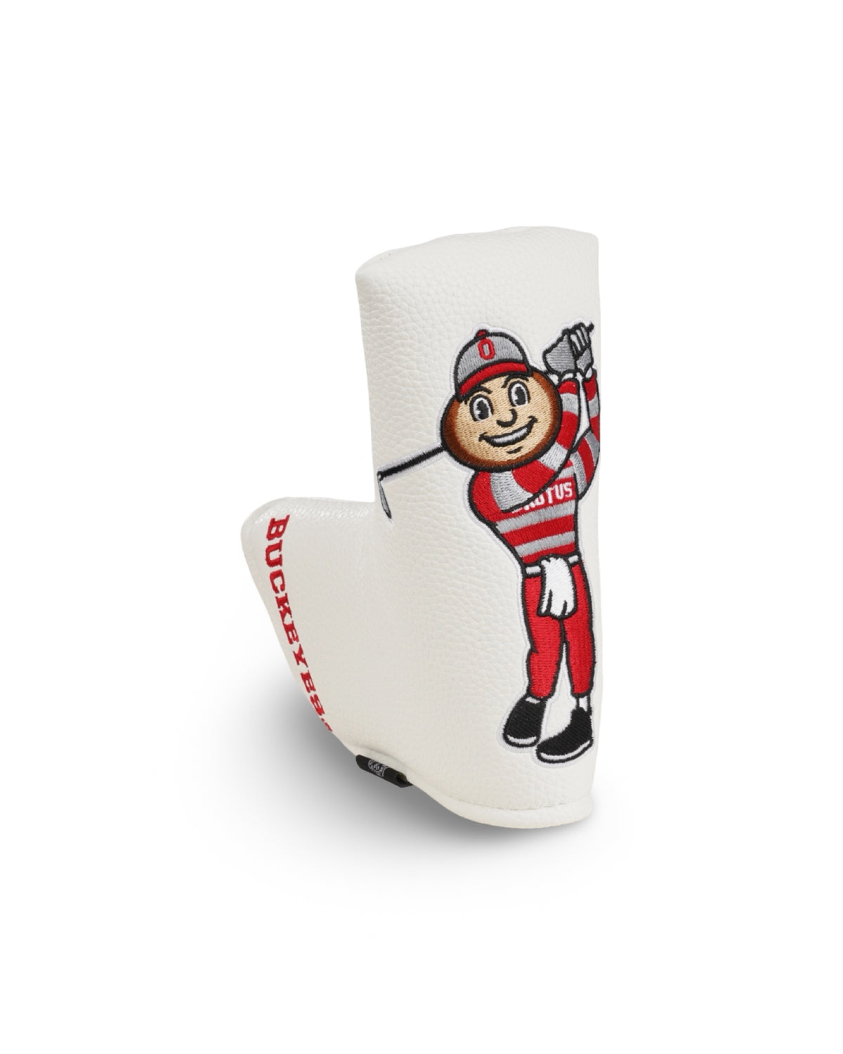 Angled view of the Ohio State Brutus blade putter headcover showing golfing Brutus and scarlet Buckeyes lettering.