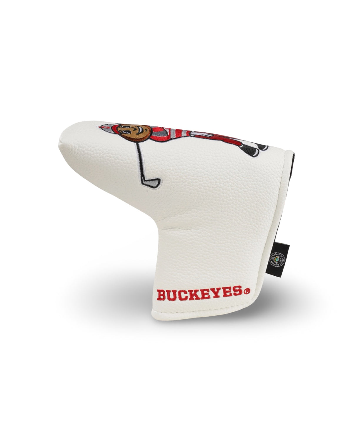 Side detail of the white pebble leather Brutus blade putter headcover with scarlet Buckeyes embroidery.