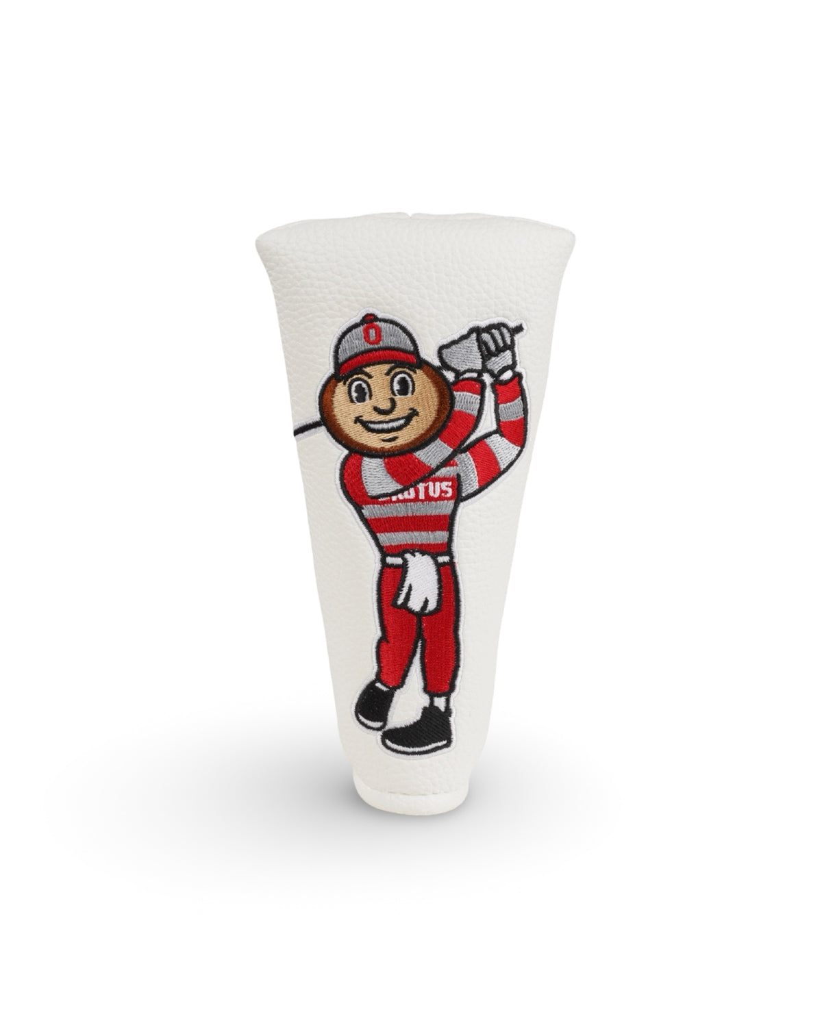 Ohio State blade putter headcover in white pebble leather with an embroidered Brutus swinging a golf club.