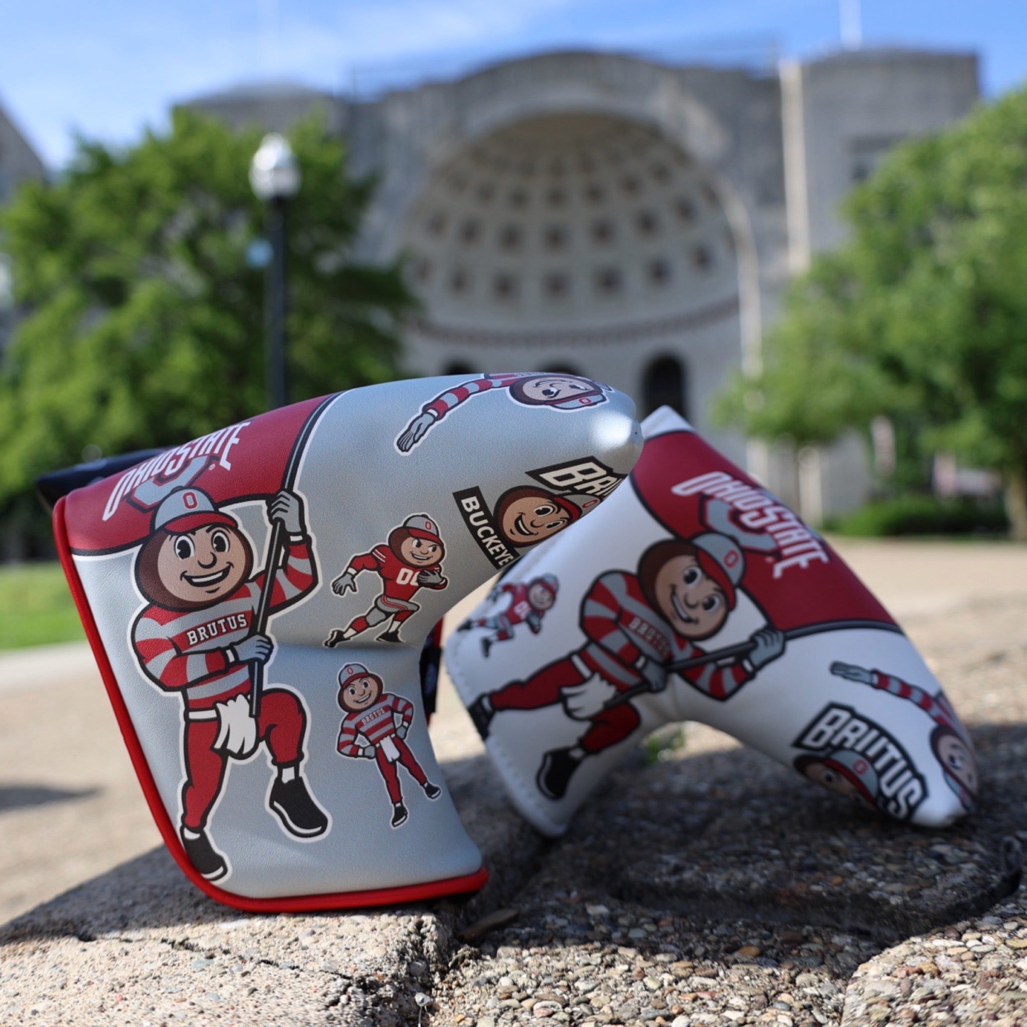 Ohio State Brutus blade putter covers photographed outside Ohio Stadium