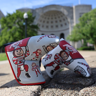 Ohio State Brutus blade putter covers photographed outside Ohio Stadium