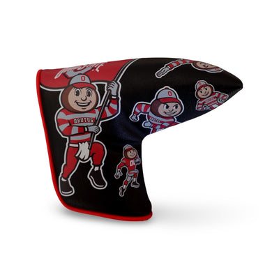Ohio State Brutus Montage Blade Putter Headcover in black featuring a collage of vintage and modern Brutus mascot artwork on an officially licensed Ohio State golf headcover.