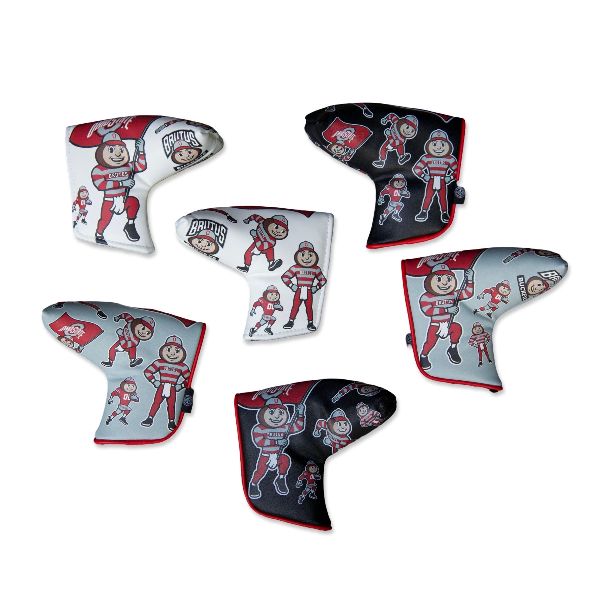 Ohio State Brutus Montage Blade Putter Headcovers available in black, gray, and white featuring collectible Brutus mascot graphics and premium construction.
