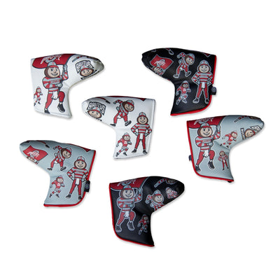 Ohio State Brutus Montage Blade Putter Headcovers available in black, gray, and white featuring collectible Brutus mascot graphics and premium construction.