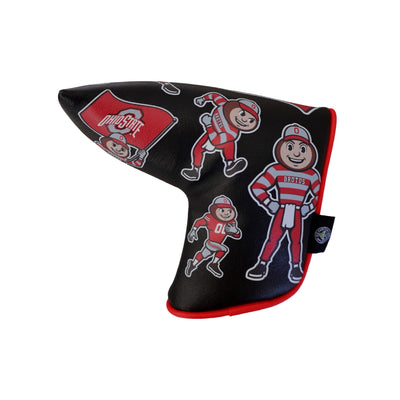 Ohio State Brutus Montage Blade Putter Headcover in black showcasing multiple Brutus Buckeye mascot designs and premium golf headcover construction.