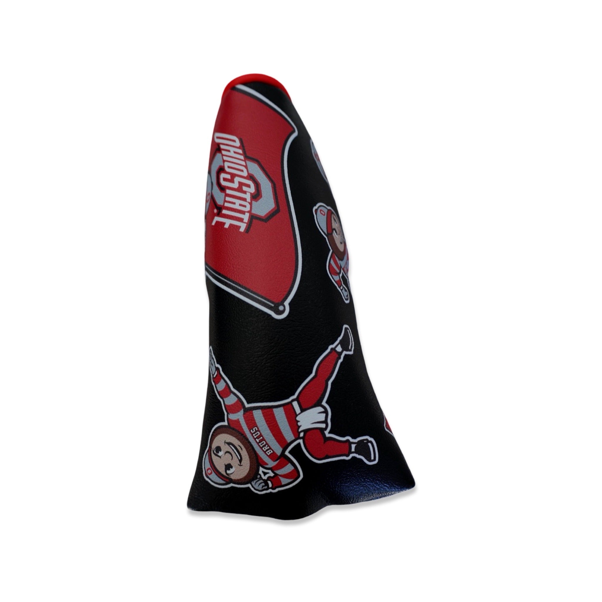 Ohio State Brutus Montage Blade Putter Headcover in black featuring multiple vintage and modern Brutus Buckeye mascot illustrations and official Ohio State graphics.