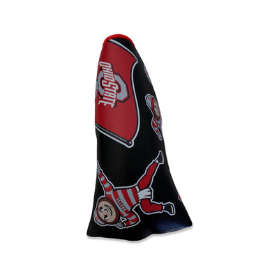 Ohio State Brutus Montage Blade Putter Headcover in black featuring multiple vintage and modern Brutus Buckeye mascot illustrations and official Ohio State graphics.